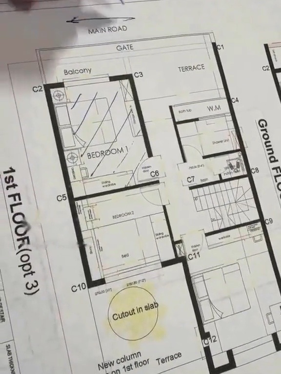 A marked-up first-floor plan